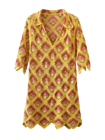 Vibrant Crochet Plaid Mini Dress