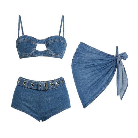 Audacious Denim Strappy Bikini Set