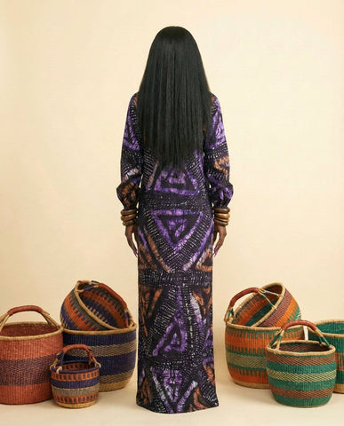 Worthy Adire Lantern Sleeve Midi Dress