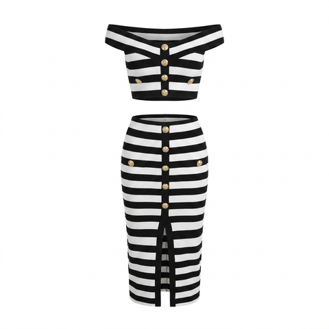Confident Striped Button Two-Piece Set