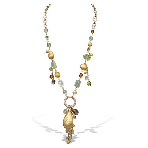 Grounded Gemstone Pearl Lariat Necklace