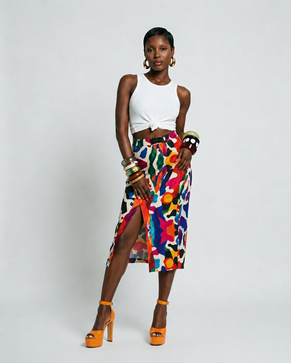 Vibrant Printed Split Denim Printed Skirt
