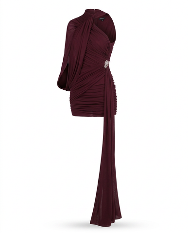 Burgundy Ruched Tassel Mini Dress