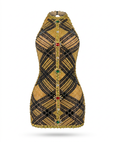 Black & Gold Gem Halter Mini Dress