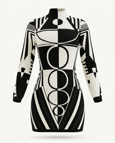 Ivory & Black Geometric Knit Dress