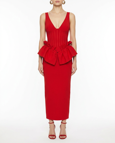 Crimson Ruffle Maxi Dress