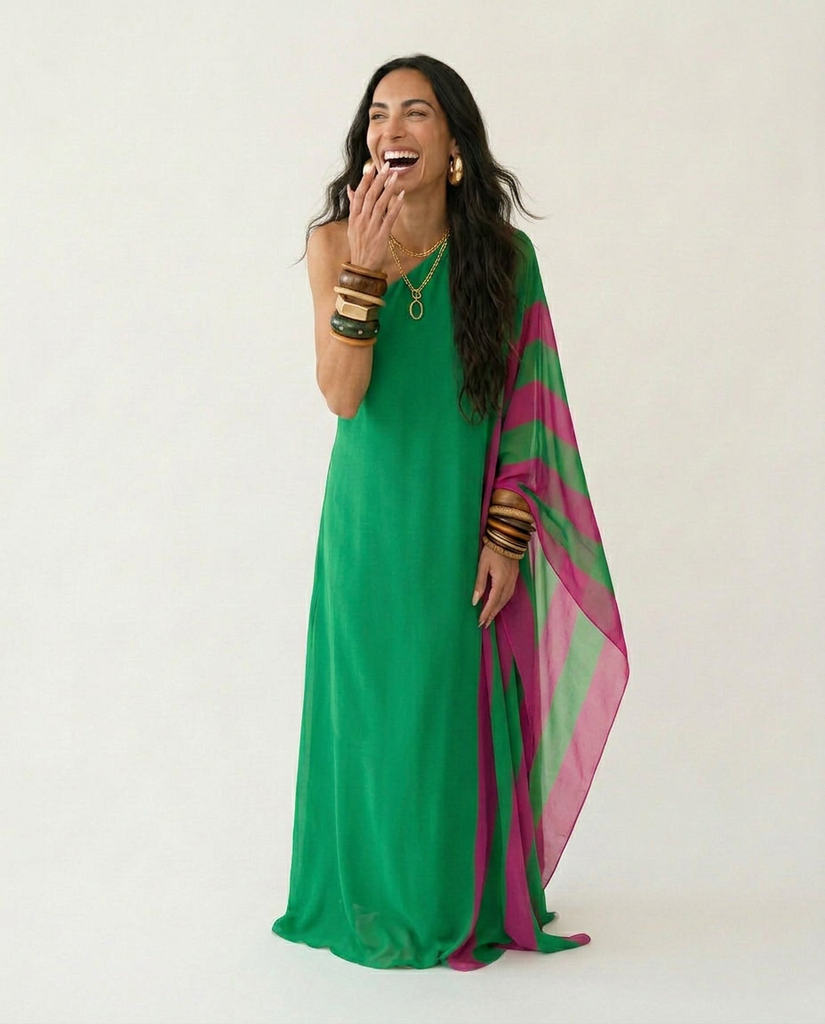 Vibrant Color Block One Shoulder Maxi Dress – Boho Brown