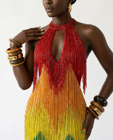 Final Sale Vibrant Rainbow Fringe Mesh Maxi Dress