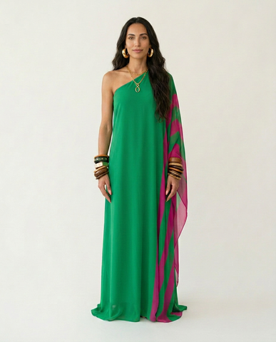 Vibrant Color Block One Shoulder Maxi Dress