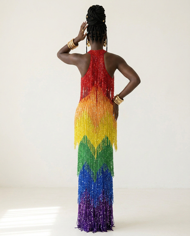 Final Sale Vibrant Rainbow Fringe Mesh Maxi Dress