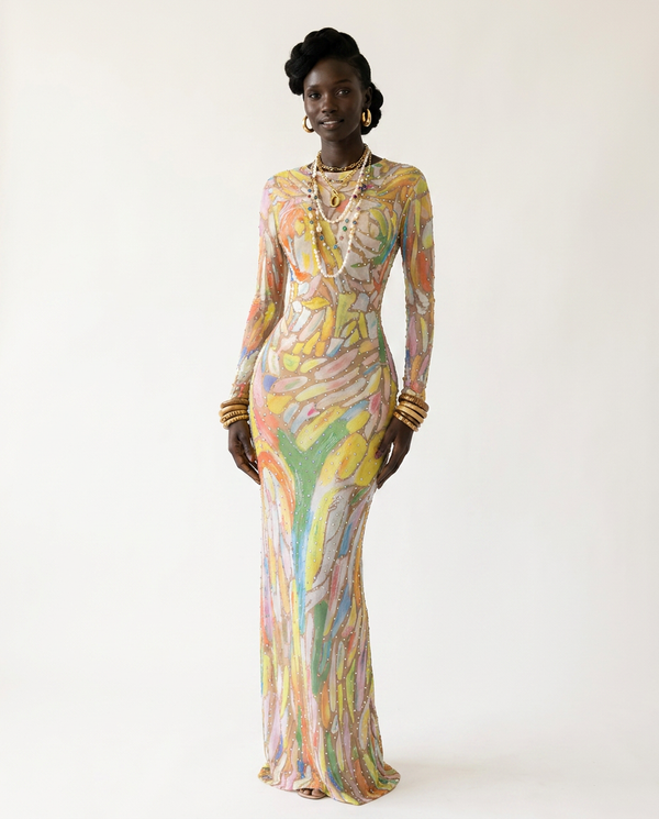 Vibrant Rhinestone Mesh Maxi Dress