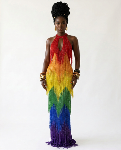 [PRE ORDER] Vibrant Rainbow Fringe Mesh Maxi Dress