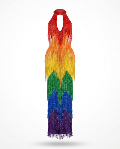 [PRE ORDER] Vibrant Rainbow Fringe Mesh Maxi Dress