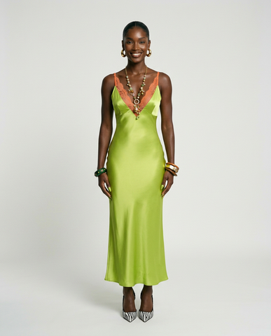 Radiant Satin Lace Trim Maxi Dress