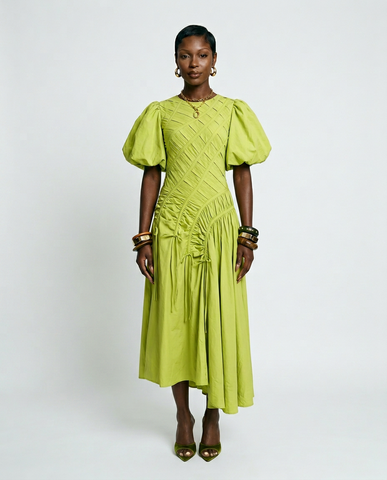 Vibrant Pleated Puff Sleeve Dress