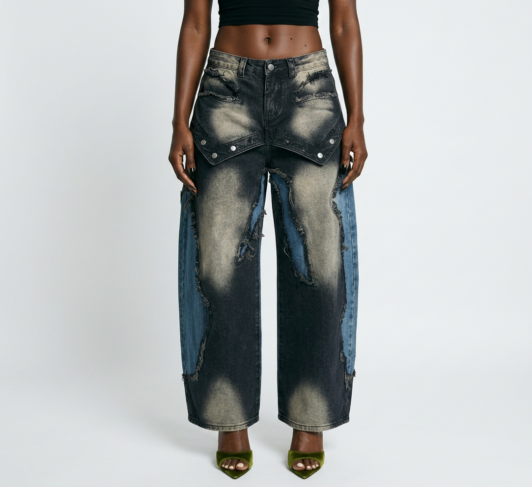 Audacious Patchwork Distressed Wide Jeans