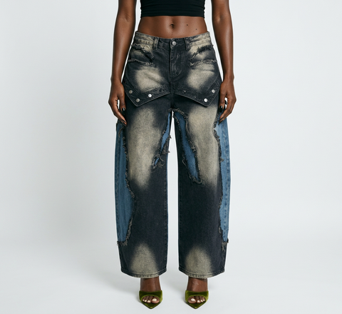 Audacious Patchwork Distressed Wide Jeans