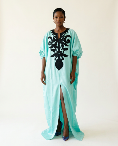 Divine Embroidered Satin Kaftan Maxi Dress