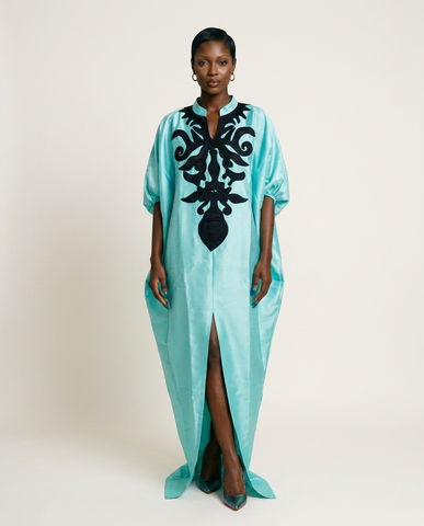 Divine Embroidered Satin Kaftan Maxi Dress