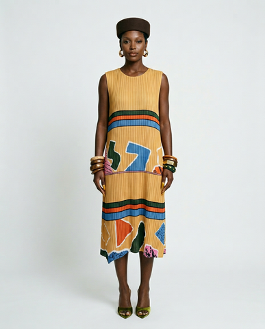 Vibrant Geometric Pleated Midi Dress