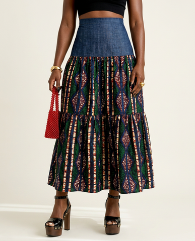 Adventurous Ankara Denim Maxi Skirt