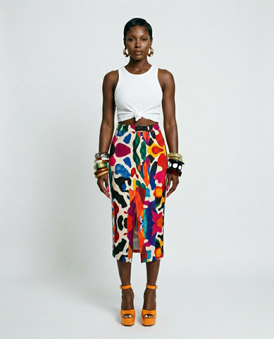 Vibrant Printed Split Denim Printed Skirt