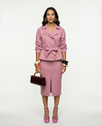 Elegant Suede Belted Skirt Set