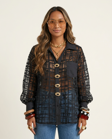 Bold Mesh Plaid Blouse