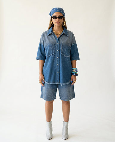 Vibrant Crystal Denim Two-Piece Set