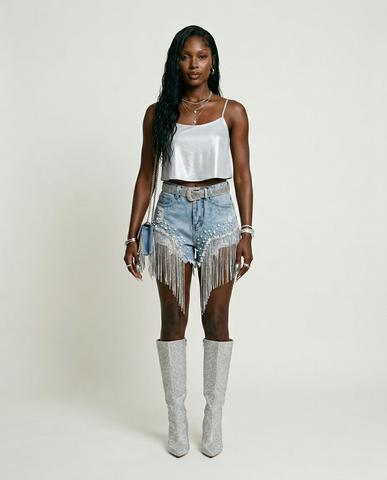 Radiant Beaded Tassel Denim Shorts