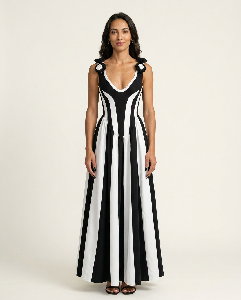 Noir Fleur Stripe Maxi Dress