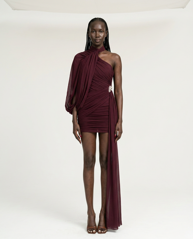 Burgundy Ruched Tassel Mini Dress