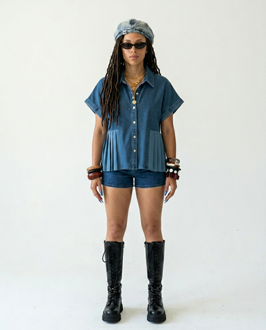 Free Spirit Pleated Denim Blouse