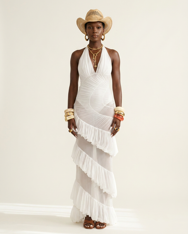 Ethereal Ruffled Mesh Maxi Dress