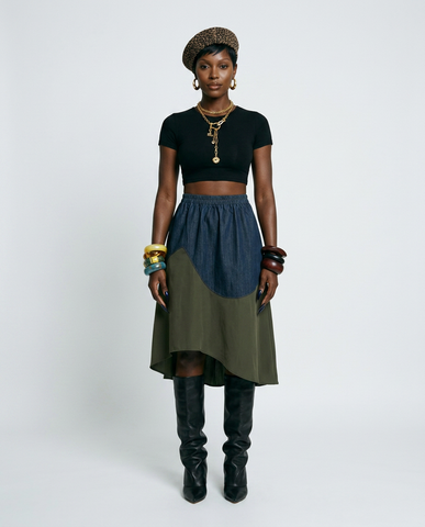 Grounded Color-Block Denim Skirt