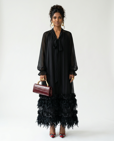 Divine Chiffon Feather Trim Maxi Dress