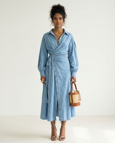 Sovereign Denim Wrap Maxi Dress