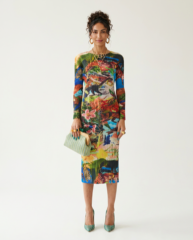 Vibrant Pleated Printed Maxi Dress