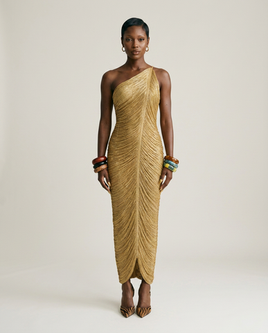 Radiant Gold Ruched Maxi Dress