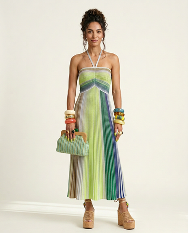 Elegant Striped Halter Knit Maxi Dress