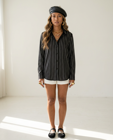 Magnetic Rhinestone Striped Blouse