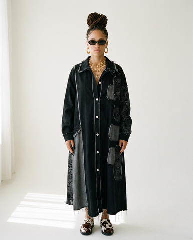 Unique Fringed Patchwork Denim Trench