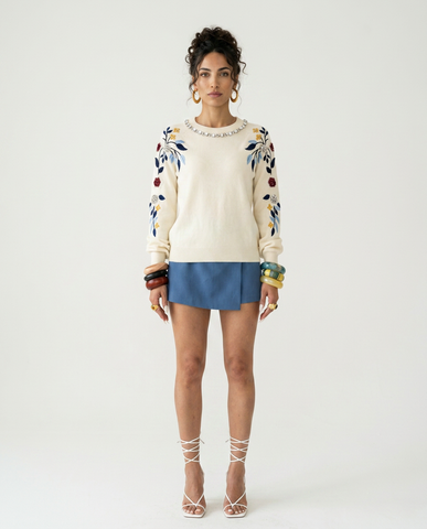 Radiant Embroidered Floral Knit Sweater