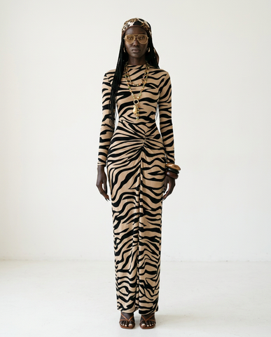 Fierce Zebra Ruched Maxi Dress