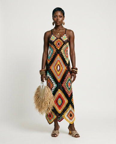 Vibrant Crochet Geometric Maxi Dress