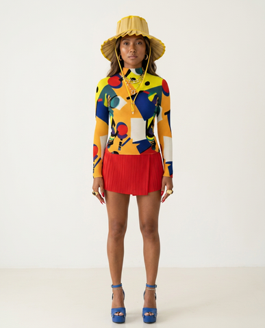 Vibrant Printed Pleated Longsleeve Top