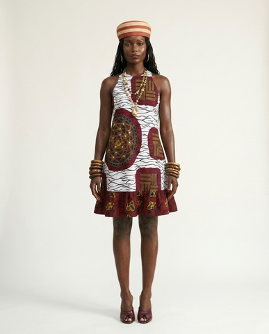 Nnem Bloom Ankara Cotton Midi Dress - White & Red Print
