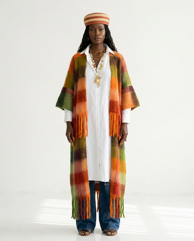 Vibrant Plaid Tassel Long Coat