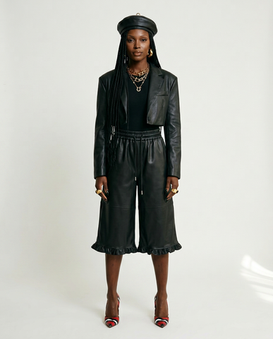Audacious Cropped Ruffled Leather Pants