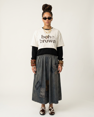Unique Patchwork Denim Maxi Skirt